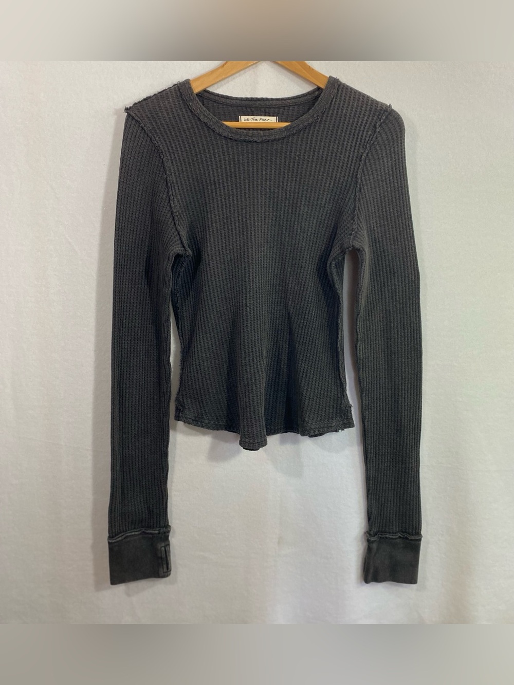 Free People Roll With It Thermal Top Dark Gray Waffle Knit Thumbholes Size L